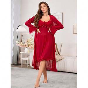 Sfy3891 Valentine's Day Sexy V-neck <b>Elastic</b> Waist Full Length <b>Lace</b> Robe Set Bridal Wedding Pajama Gown - Product Image 4