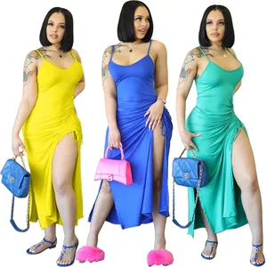 2022 summer green blue yellow cotton sleeveless casual bandage women sexy high split thigh long cocktail dress with high split