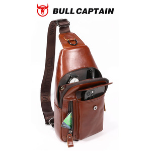 BULLCAPTAIN - Bolso Bandolera de Cuero 100% Genuino, con Logotipo Personalizado OEM, Bolso de Pecho Informal para Hombre con Orificio para Auriculares, Bolso Cruzado para Hombre - Product Image 2