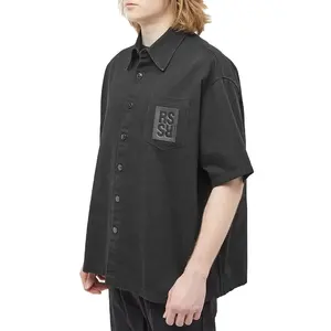 100% Cotton Thick Streetwear Men Bank Black Short Sleeve Oversized Button Up Denim Shirt