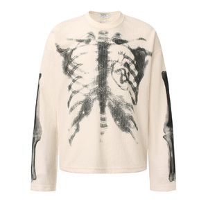 Maglia da uomo a maniche lunghe in maglia waffle con stampa scheletro toracico, stile gotico streetwear, personalizzabile con logo, all'ingrosso - Product Image 3
