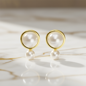 Pendientes de Oro E2394 con Perla Cultivada Blanca en Engaste de Bisel, Joyería Clásica para Mujer, Uso Diario - Product Image 2