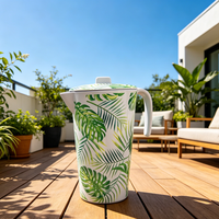 Gelas Melamin Motif Daun Tropis untuk Minuman Dingin 1500ml, Gelas Air Melamin Putih 1.5L/50oz dengan Tutup Anti Bocor
