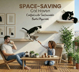Durable Classic Wood &amp; Linen <strong>Wall</strong> Mounted <strong>Cat</strong> <strong>Climbing</strong> Tree Shelving Set for Pet Play Halloween Edition - Product Image 3
