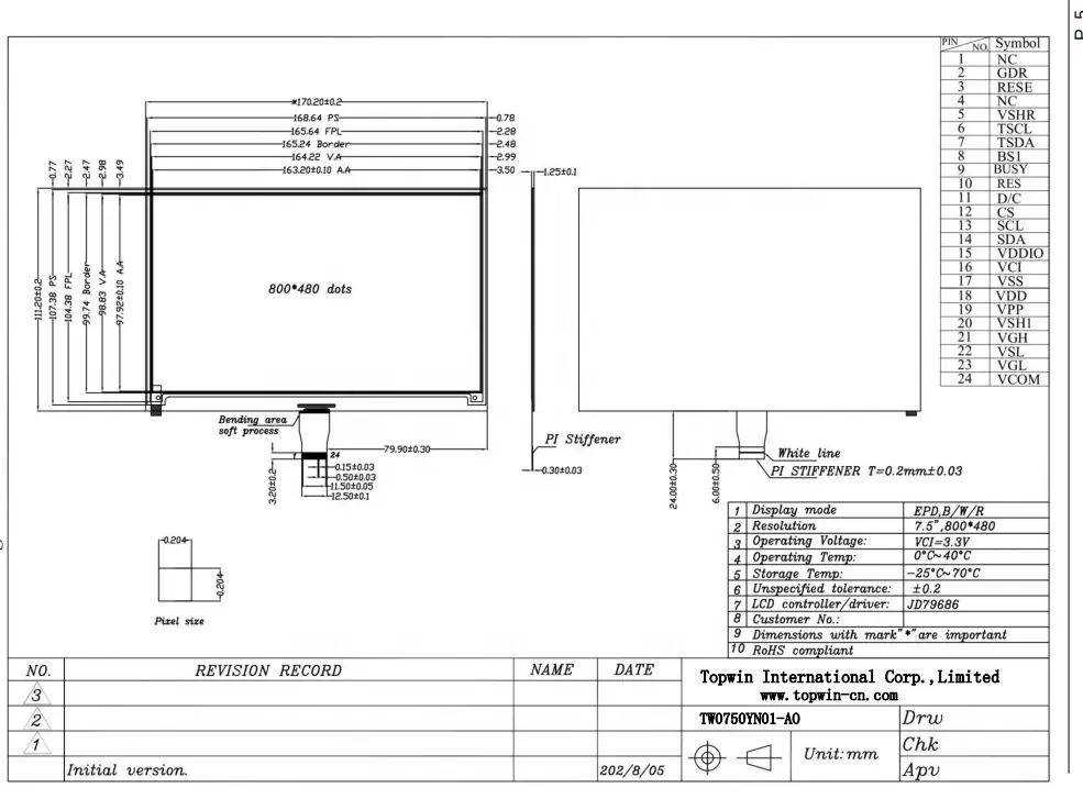 7,5 "7,5 pulgadas 800*480 Módulo de visualización de resolución E-Paper Epaper pantalla de visualización e-ink Display