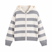 Cardigan en tricot à capuche zippé pour filles, automne-hiver, rayé classique, manches longues, coupe ample, veste décontractée pour enfants, tenue quotidienne