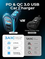 Cargador de Coche USB LISEN Popular de 60W con PD3.0 QC3.0, Adaptador de Corriente de 4 Puertos para iPhone 17 16 15, Samsung y Teléfonos Móviles Android