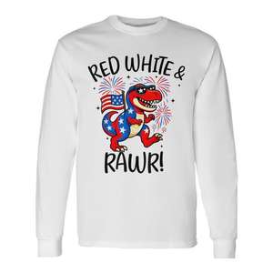 T-shirt à manches longues Red White And Rawr Dino T Rex, design patriotique du 4 juillet aux États-Unis - Product Image 1