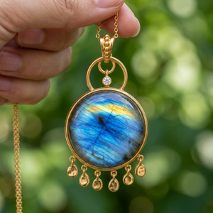 18K Gold Plated Natural Labradorite Pendant Necklace With CZ Accent And Teardrop Brass Charms Classic Women's Jewelry Necklace - Product Image 3