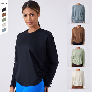 Usine en gros rapidement sec <span class=keywords><strong>nu</strong></span> sentiment lâche côté dessiner corde Gym sweat pour les femmes en cours d'exécution Fitness T-Shirt - Product Image 6