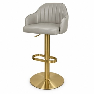 Taburete de Bar Ajustable GDRS RF-027B con Base Dorada y Asiento de Cuero Gris para Restaurante - Product Image 1