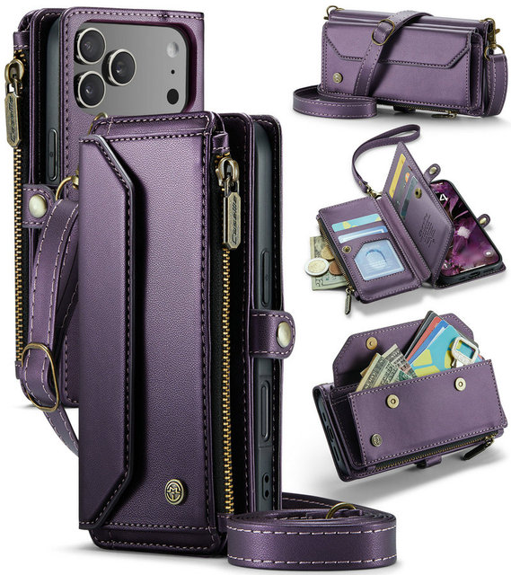 2025 New Crossbody Flip Wallet Case for 17 Pro Max PU Leather Card Holder Zipper Cash Pocket Magnetic Stand RFID