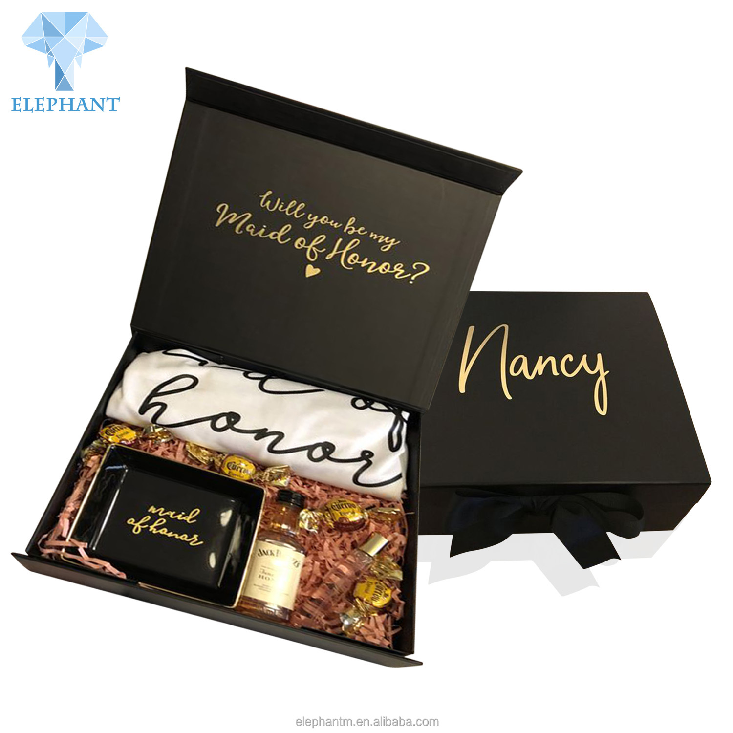 Luxury Gilding Gold Stamp Liquor Box Packaging Bar Packaging Box Luxury Black With Ribbon