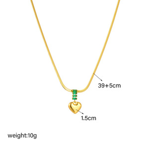 Heart Pendant Necklace Stainless Steel Green Gemstone Chain Clavicle Jewelry Gift - Product Image 4