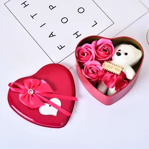 Heart Shape Tin Box With Teddy Soap Rose Flowers Bear Gift set Box For Valentines Day Festival Party Graduation Season