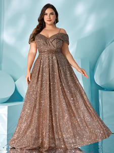 المرأة الأنيقة بالإضافة إلى البني قبالة الكتف ضئيلة الخصر قصيرة الأكمام الظهر طويلة مبطنة فساتين السهرة مع سحاب وتنحنح مطوي - Product Image 3