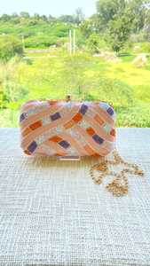 Pochette élégante perlée à motif géométrique avec chaîne dorée, sac de soirée pour femme - Product Image 1