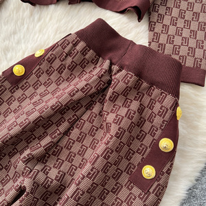 Conjunto de 2 Piezas de Punto con Botones Dorados Estilo Tweed de Lujo para Mujer, Chaqueta Corta y Pantalones de Pierna Ancha de Cintura Alta, <span class=keywords><strong>Venta</strong></span> al por Mayor OEM - Product Image 3