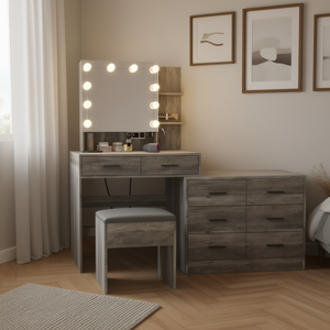 Moderno tocador de maquillaje gris con espejo LED, cajones y estantes de almacenamiento para dormitorio - Product Image 2
