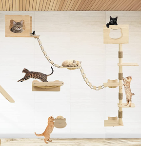 Sisal Rope Cat Climbing Hammock Exercise And Playing Wall Cat Shelves Mounted Wooden Cat Tree Furniture