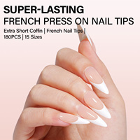 Faux ongles à presser French Manucure brillante, longs, forme Stiletto, couvrance totale, rose nude - 180 pièces/boîte, 15 tailles, pré-conçus, application facile