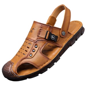 Sandales en cuir pour hommes, bout ouvert, semelle en caoutchouc, style décontracté, couleur unie, confortables pour l'extérieur - Product Image 1