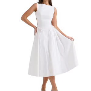 <b>White</b> Sleeveless A-Line Midi Dress Jewel Neck Woven Polyester Casual Daily Wear Simple Solid Pattern Breathable Regular Fit - Product Image 3