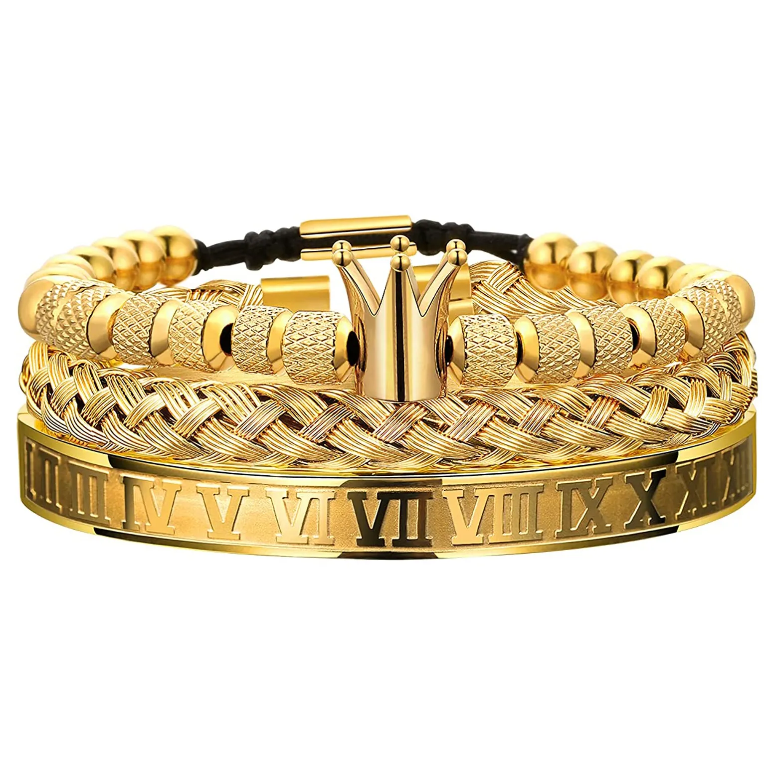 Luxury Jewelry 3Pcs Stainless Steel Roman Numeral Bangle Titanium steel Crown Bracelets Set for Men