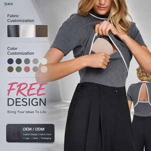 <span class=keywords><strong>T</strong></span>-<span class=keywords><strong>shirt</strong></span> court pour femme en viscose et polyester côtelé, col rond, manches courtes, <span class=keywords><strong>fermeture</strong></span> <span class=keywords><strong>éclair</strong></span> avant, découpe et bordure contrastante, vente en gros personnalisée - Product Image 1
