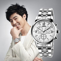 Jam Tangan Pria SKMEI 9070 Quartz Tali Baja Anti Karat Dial Dekoratif Tiga Mata Tahan Air 30M Jam Tangan Bisnis Pasokan ODM