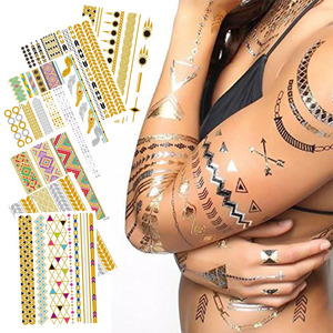 Autocollants de tatouage temporaires personnalisés en gros avec des motifs géométriques floraux tribaux, élégants, vintage, rétro métallique, feuille d'or - Product Image 1