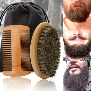 Sikat Jenggot Kayu Bulu Babi Hutan Lembut Profesional Sisir Sikat Cukur Pria Kit Sisir Kumis dengan Hadiah Tas Set Sisir Rambut