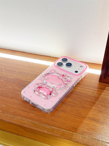 Coque de téléphone portable Cartoon Diamond KT Cat Bow pour iPhone 17 16 15 Pro Max, cadre d'appareil photo mignon et brillant, coque arrière 3D en cristal DIY IMD - Product Image 5