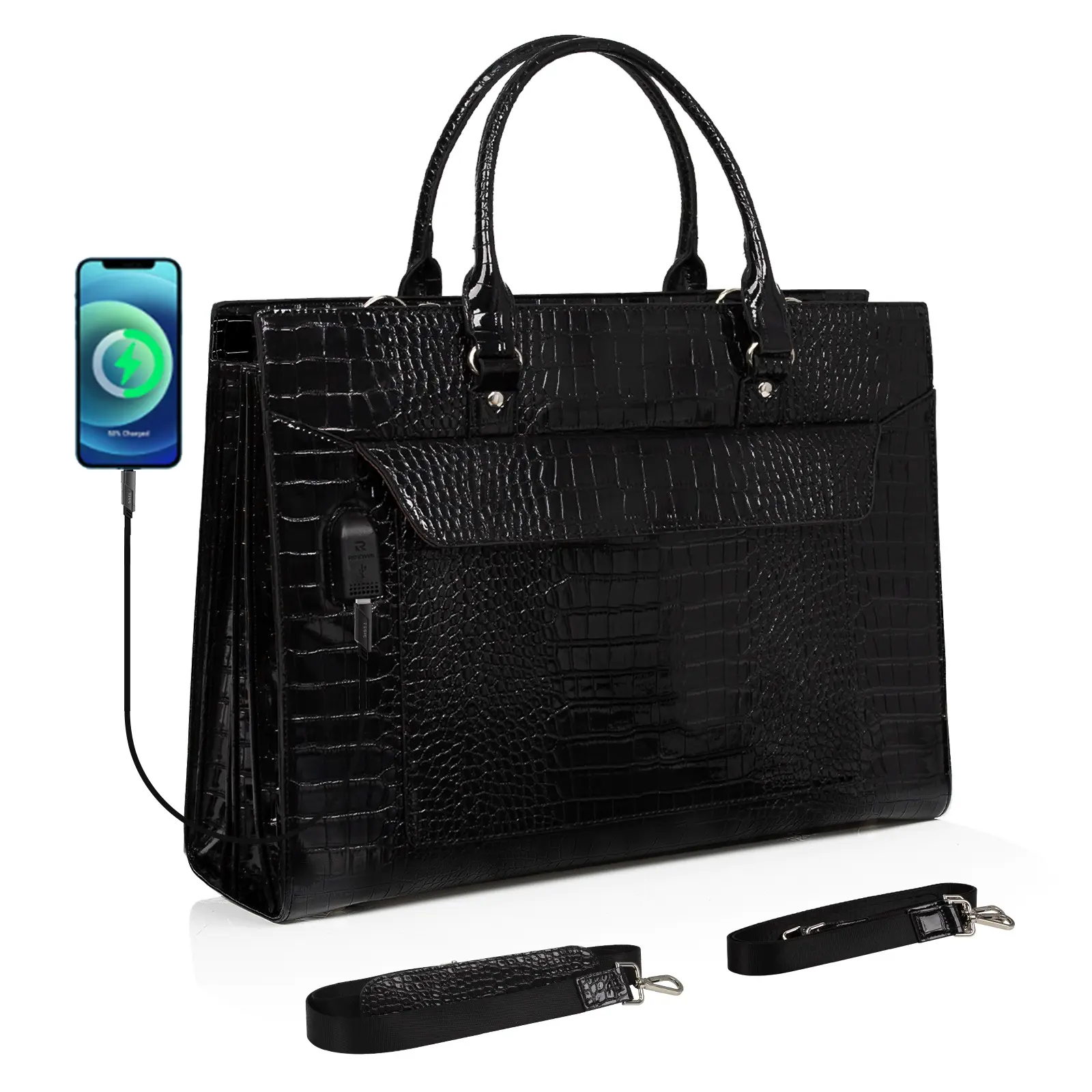 Relavel Waterproof Leather Teacher Handbag with USB Port Large Capacity Bag Laptop Bag for Women and Men 17 Inch Laptop Tote Bag