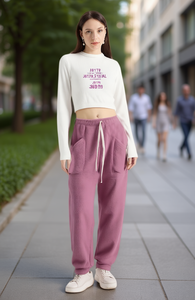 Pantaloni cargo in pile da donna J817R a vita alta, vestibilità ampia, lunghezza intera, con coulisse, casual, autunnali, 100% cotone, stampati - Product Image 2