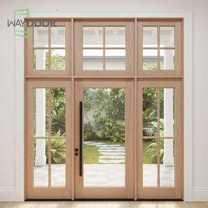 Porta in Legno Stile Francese con Vetro ad Arco Superiore <span class=keywords><strong>e</strong></span> Doppi Pannelli Laterali per Case, Porta d'Ingresso in Legno Massello di Quercia <span class=keywords><strong>e</strong></span> Mogano - Product Image 3