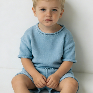 Conjunto de Camiseta <span class=keywords><strong>y</strong></span> Pantalones Cortos para Niños, con Bordes Enrollados, Color Sólido, Tejido de Punto, Manga Corta, Venta al Por Mayor Personalizada - Product Image 2
