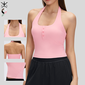 Débardeur sexy à col halter pour <span class=keywords><strong>femme</strong></span> avec coussinets intégrés, <span class=keywords><strong>haut</strong></span> de yoga ajusté pour la course et l'entraînement, débardeur de sport respirant sans manches - Product Image 1