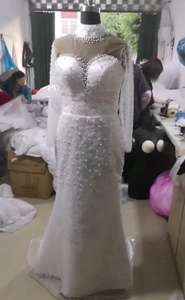 Afrika Mermaid düğün elbisesi ile Sheer uzun kollu ayrılabilir tren saten kumaş yüksek yaka artı boyutu aplike gelinlikler - Product Image 3