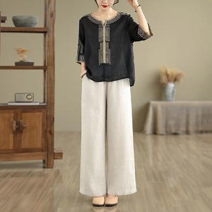Women Cotton <b>Linen</b> Two Piece <b>Set</b> O Neck Embroidered Loose Fit Wide Leg Pants Breathable Leisure Wear - Product Image 3