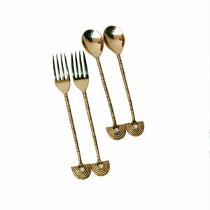 HANDEL REDONDO DE MADERA 5 PCS SET Acero Latón Cobre Servidor de ensalada Juego de cubiertos Utensilios de cocina con espátula Material de metal - Product Image 4