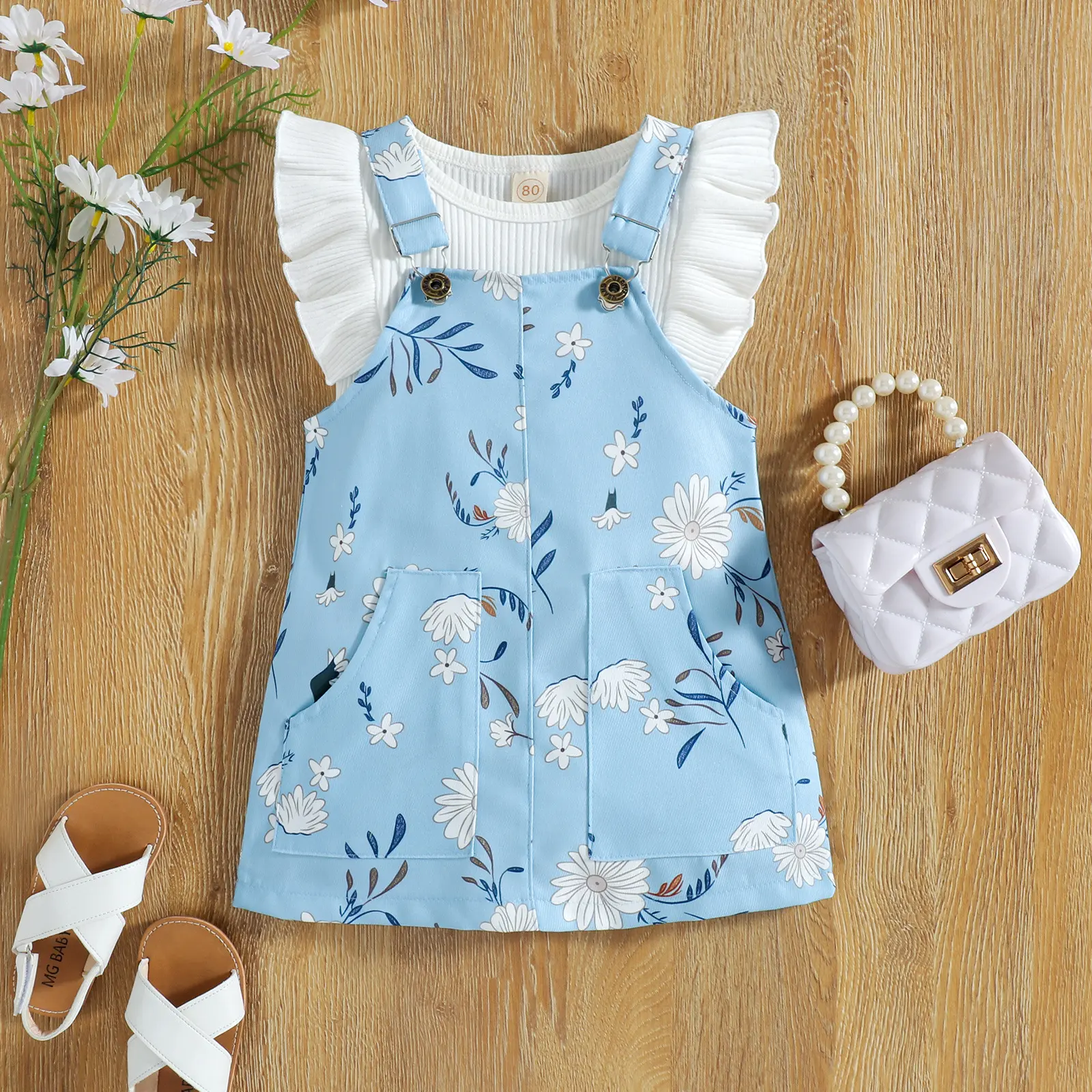 Children's clothing 2022 new spring summer girl blue floral suspender skirt pit strip ruffles sleeve top two-piece suit