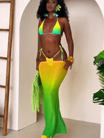 Tenue de carnaval de Trinidad personnalisée pour le lundi, ensemble 3 pièces : bikini string ombré, jupe longue transparente, maillot de bain en nylon imperméable pour le Jouvert, vente en gros