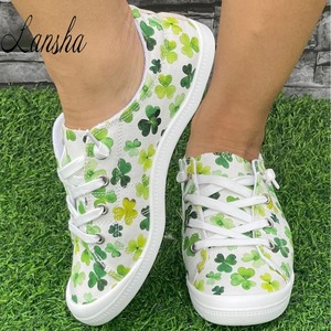 Vente en gros d'usine d'oeuf de pâques et de trèfle vert imprimé chaussures de marche confortables semelle plate super douce pour femmes chaussures en toile à lacets - Product Image 5