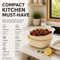 Periodieke plastic afgietmand van BPA-vrij materiaal met ergonomische handgreep, perfect voor salade