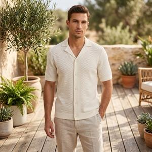 <span class=keywords><strong>Andor</strong></span> - Camiseta de Manga Corta para Hombre, Tejida, de Alta Calidad, Corte Regular, Estilo Informal, Otoño, con Diseño de Pointelle - Product Image 1
