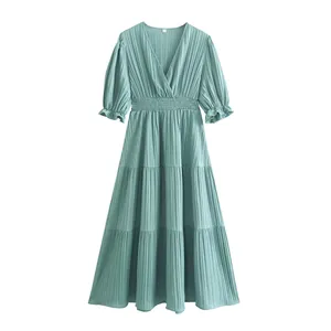 V neck short sleeve elastic waist green color pleated casual fashion ladies summer long dress
