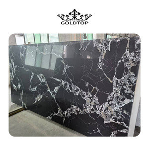Ensembles <span class=keywords><strong>d</strong></span>'armoires de cuisine de luxe sur mesure Goldtop, îlot en quartz noir Napoléon, armoires basses cannelées noires - Product Image 5