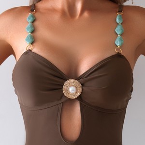 Nuevo Traje de Baño de una Pieza de Color Sólido, Estilo Popular con Cuentas, para Playa y Aguas Termales Huludao - Product Image 4