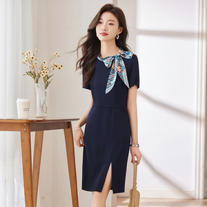 Women's Professional Dress Dark Blue Breathable Workwear Summer Wear Front Desk Uniform - Product Image 1